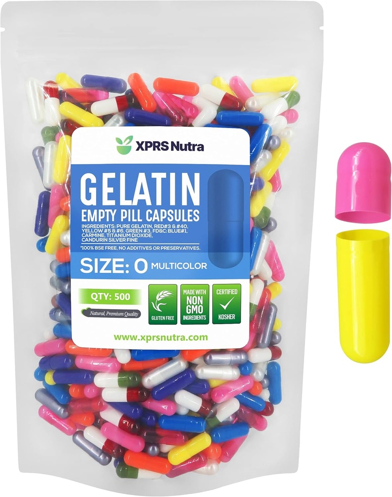 XPRS Nutra Size 0 Empty Capsules - 500 Count Empty Gelatin Capsules - Empty Pill Capsules - DIY Capsule Filling - Pure Bovine Pill Capsules Empty Gel Caps (Multi Color)