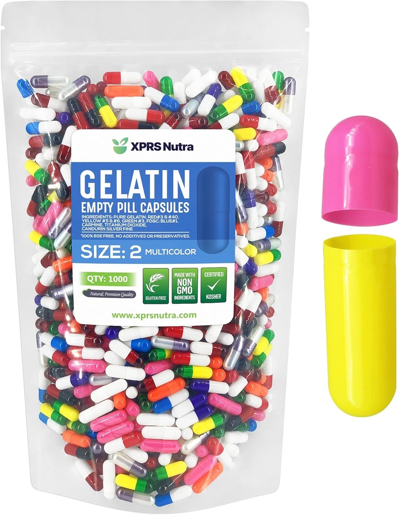 XPRS Nutra Μέγεθος 2 Κενές κάψουλες - 1000 Count Empty Gelatin Κάψουλες - Χάπια DIY Καψάκιο Γέμισμα - Pure Bovine Pill Gel Caps για Do-It-Yourself Συμπληρώματα (Multi Color)