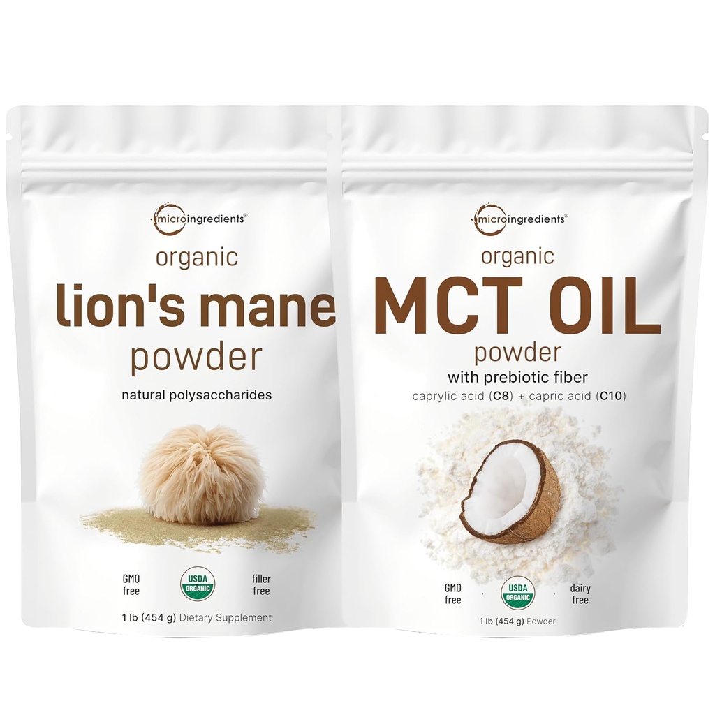 Mikro Malzemeler MCT Oil Toz Prebiyotik Fiber & Lions Mane Mushroom Supplement Toz Log 2 Pack | C8 MCT Oil for Coffee Creamer | Natural Superfood for Brain, Energy, & Immune Health