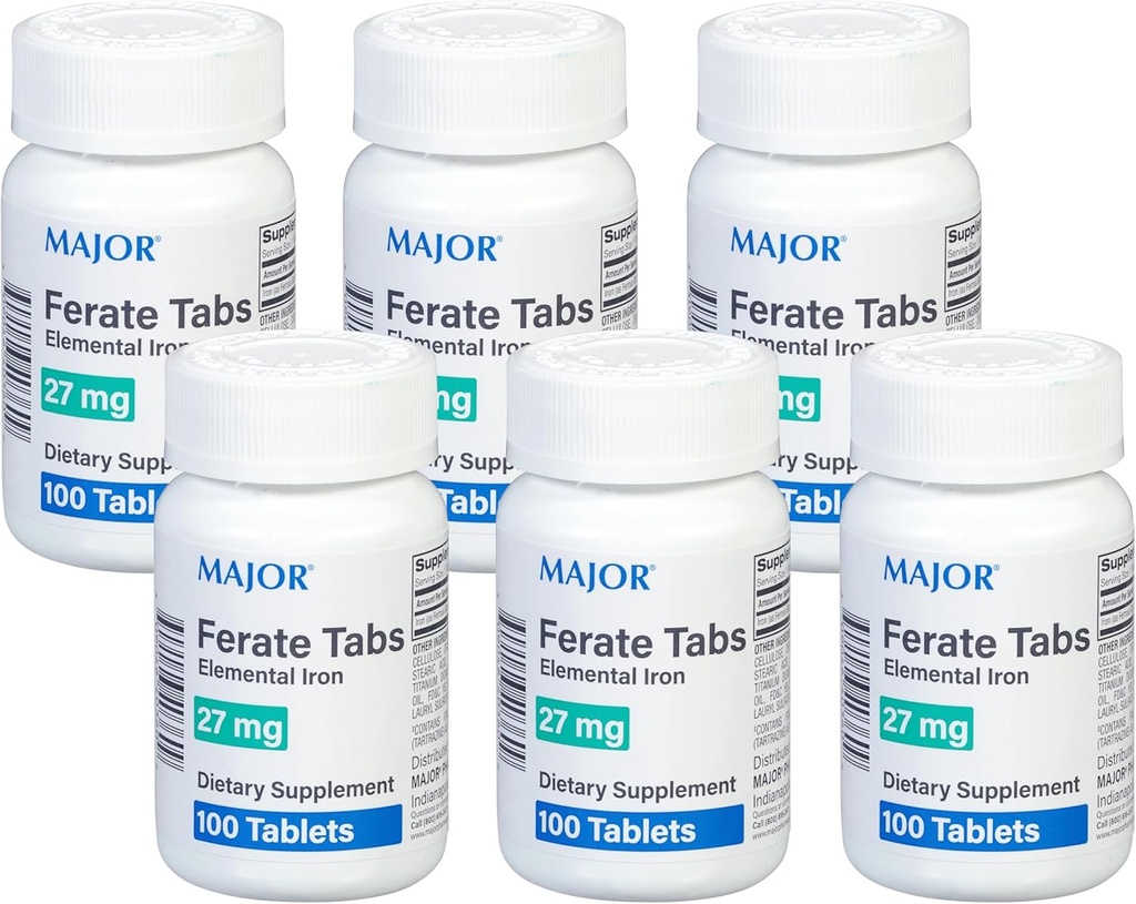 Major 27 mg Ferate Tabs - Σιδήρου Gluconate Στοιχειώδες συμπλήρωμα διατροφής σιδήρου - 100 Count (6 Pack)