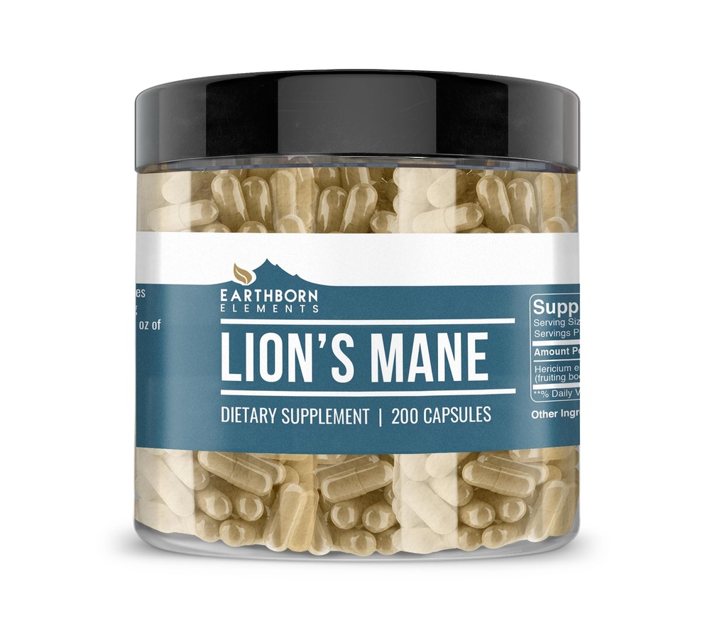 Earthborn Elements Lion's Mane 200 Capsules, Pure & Undiled, No Wordss