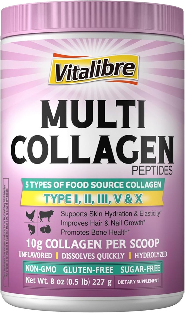 Multi Collagen Peptides Powder Type I II III V X, Hydrolyzed Collagen Protein for Women and Men, Skin, Hair, Nails, Unflaved, Non-GMO, Keto & GF, Zero Sugar, 22 Servings, 8oz