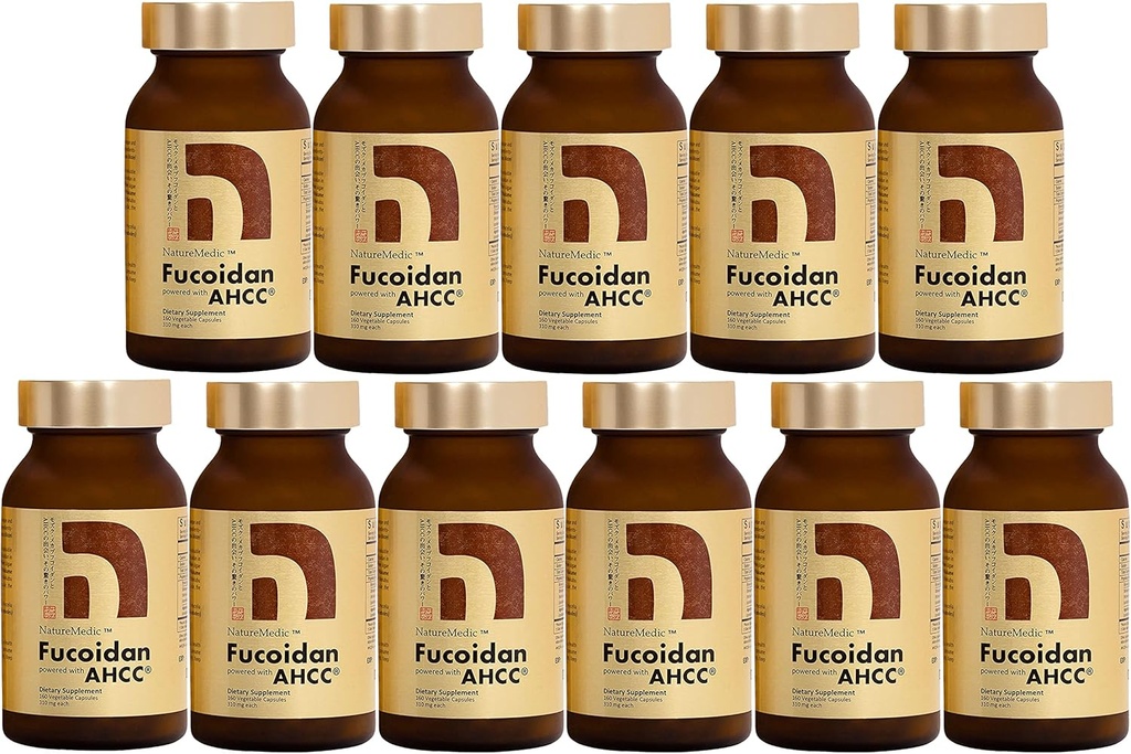 Fucoidan Powered with AHCC® Brown Seaweed Immunity Supplement with High Purity Organic Mekabu Mozuku Agaricus 10 Bottles + Free 1 Bottle - 1760 Vegetable Capsules Made in Japan