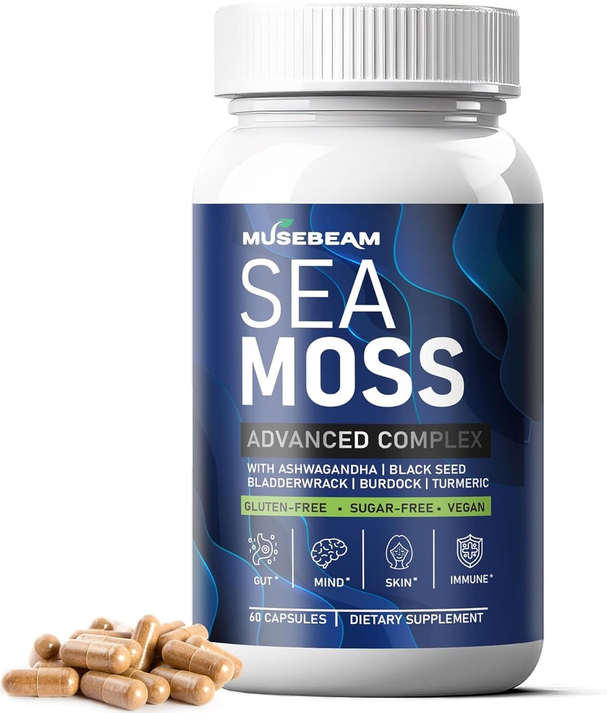 İrlandalı Deniz Moss 6000 mg - 2000 mg Black Seed Oil Ashwagandha Burdock Root Ginger Capsules - Gelişmiş Seamoss Vitamin Multi Mineral Kompleks Tamam Pills for Men Women Women