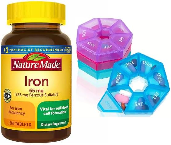 Nature Made Iron 65 mg (325 mg Ferrous Sulfate) Tabletler, Red Blood Hücre Desteği için Diyet Supplement, 365 Tabletler, 365 Day Supply Bunde Haftalık Pill Organizer