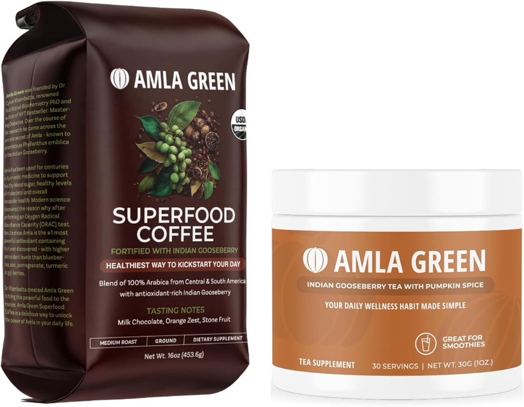 Amla Green Organic Ground Superfood Coffee ve Amla Toz Superfood Supplement with Riley Spice, 20x Ultra Yoğun Amla