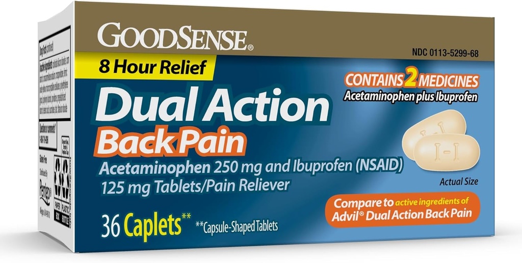 GoodSense Dual Action Acetaminophen ve Ibuprofen (NSAID) Tabletler, 250 mg/125 mg, Back Pain, 36 Count