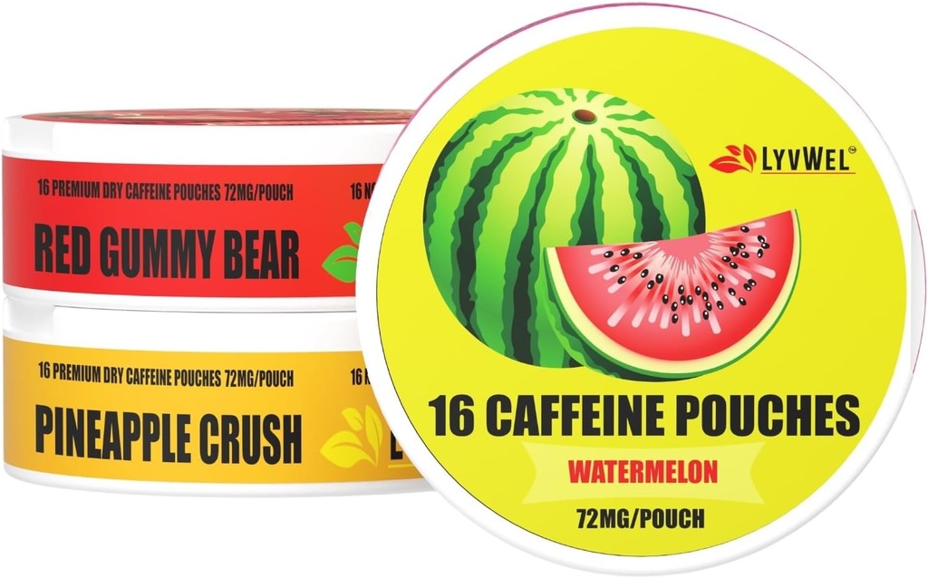LyvWel 72 mg Caffeine Energy Pouches – Watermelon, Red Gummy Bear, Pineapple Crush – Juicy Clean Energy with Guarana - 3Pack (48 Total Pouches)