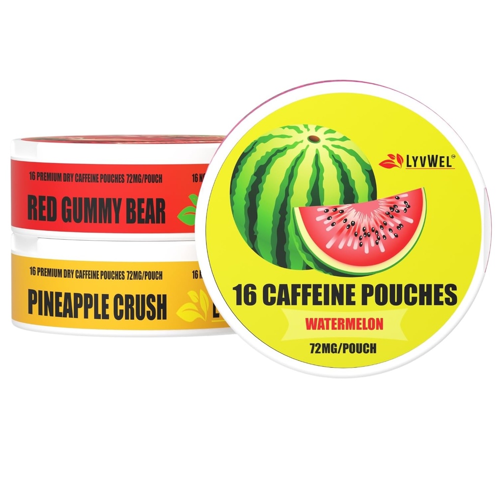 LyvWel 72 mg Caffeine Energy Pouches – Watermelon, Red Gummy Bear, Pineapple Crush – Juicy Clean Energy with Guarana - 3Pack (48 Total Pouches)