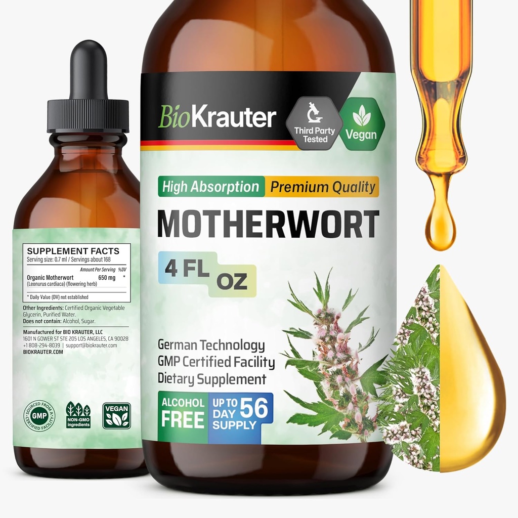 BIO KRAUTER Motherwort Tincture - Motherwort Herbal Extract - Kadınlar Sağlığı için Sıvı Tamam - Calm - Alkol ve Şeker Ücretsiz - Vegan 4 Fl.Oz.