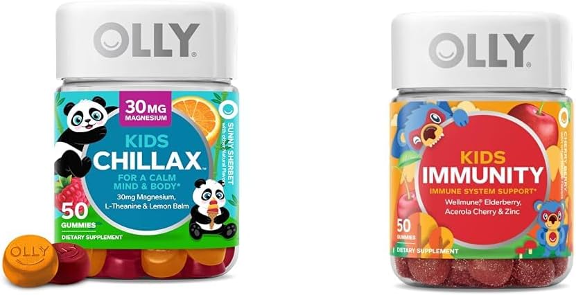 OLLY Kids Chillax, Magnezyum Gummies Plus L-Theanine, Lemon Balm & Kids Immunity Gummy, Immune Support, Wellmune, Elderberry, C, çinko, Chewable Supplement, Cherry - 50 Count