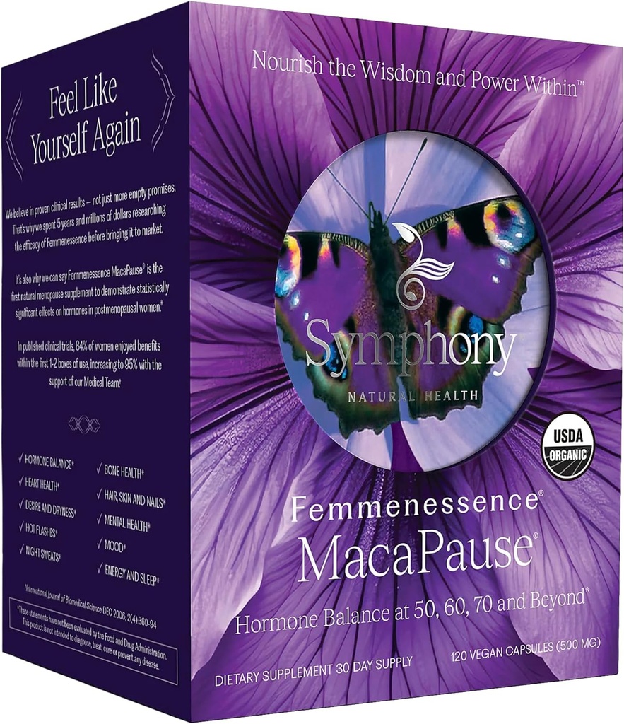Femmenessence® MacaPause® – Clinically Proven Postmenopausal Supplement for Natural Hormone Balance, Εμμηνόπαυση Symptom Relief, Bone & Heart Health, Without Added Hormones (120 κάψουλες, 30 Day Supply)