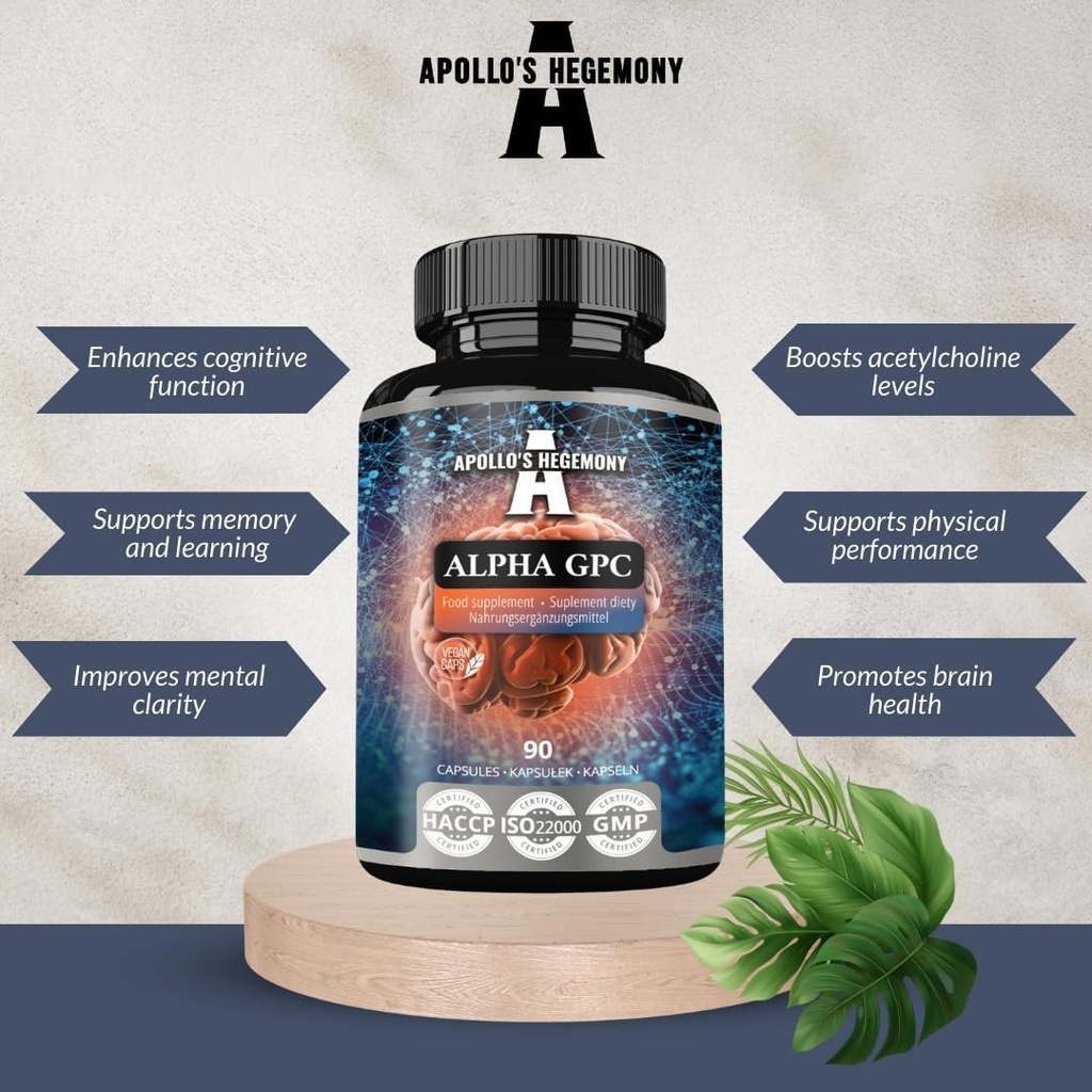 APOLLO'S HEGEMONY Alpha-GPC Günlük Dose başına 600 mg - 90 Vegan Choline Capsules -% 99 Choline Alfoscerate Diyeter Supplement - Lipid Choline - Memory and Concentration Capsules