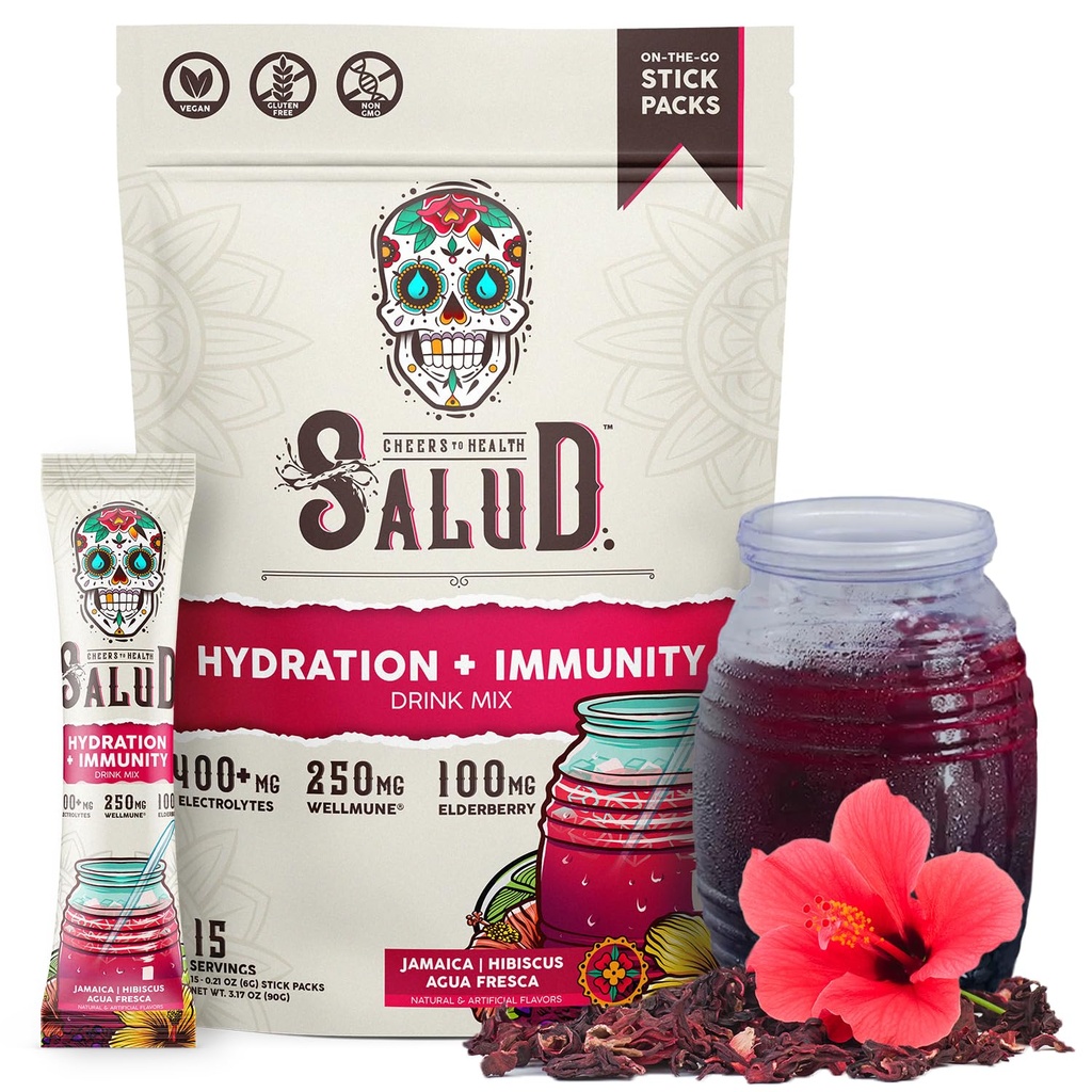 Salud 2in-1 Hydration Packets + Immunity Electrolytes Toz, Hibiscus - Jamaika Agua Fresca Drink Mix, Elderberry, Dairy & Soy Free, Non-GMO, Gluten Free, Vegan, Low Calorie, 1g Sugar (15 hizmet)