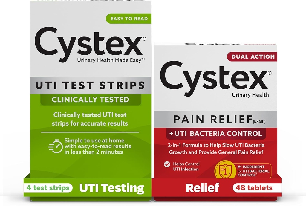 Cystex Urinary T Enfeksiyonu (UTI) Test Strips + Pain Relief: 4 Test Strips & 48 Capsules Pain Relief Medicine