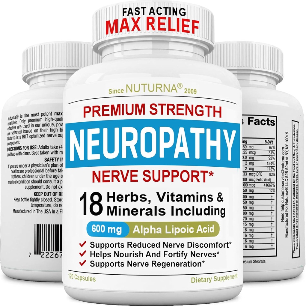 Neuropathy Support Nerve Supplement with 600 mg Pure Alpha Lipoic Acid - Maximum Strength Formula, Fortify Nerves in Fingers, Hands, Toes, & Feet - Best Peripheral Relief Support - 120 Κάψουλες
