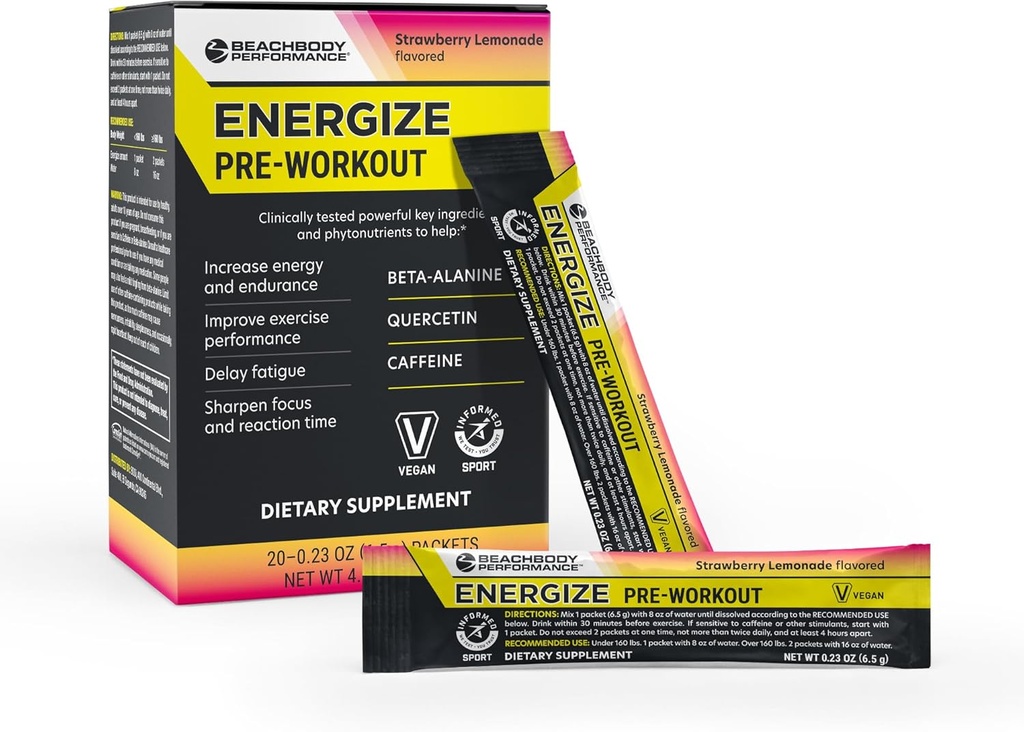 BODi Energize Pre Workout Toz - Beta-Alanine, Quercetin & Low-Dose Caffeine Formula Gelişen Enerji ve Odak, Enerji ve Endurance Supplement, Strawberry Lemonade Flavored, 20 Sticks