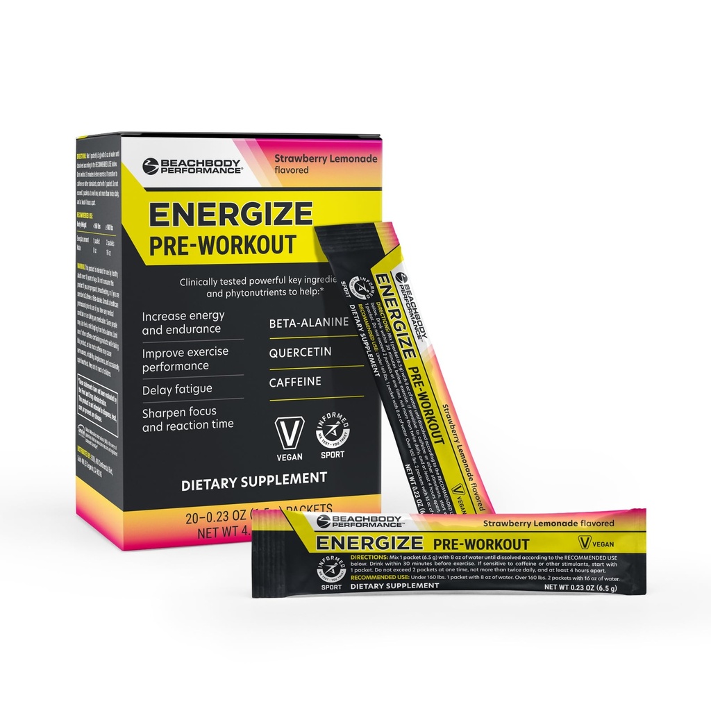 BODi Energize Pre Workout Toz - Beta-Alanine, Quercetin & Low-Dose Caffeine Formula Gelişen Enerji ve Odak, Enerji ve Endurance Supplement, Strawberry Lemonade Flavored, 20 Sticks