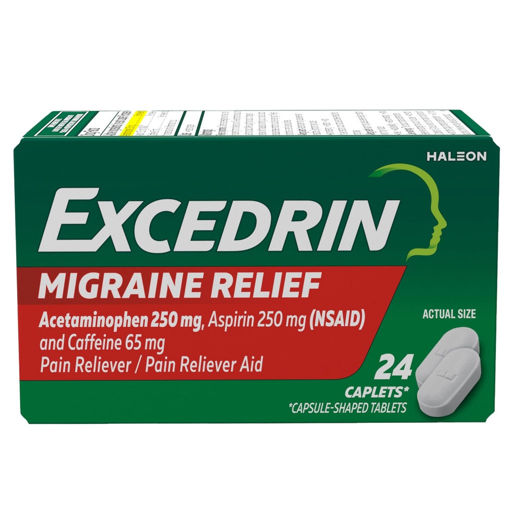 Migraine Belirtileri için Excedrin Migraine Relief Caplets, Acetaminophen 250 mg, aspirin 250 mg, Caffeine 65 mg, Pain Reliever, 24 Count Count Count