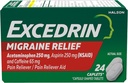 Migraine Belirtileri için Excedrin Migraine Relief Caplets, Acetaminophen 250 mg, aspirin 250 mg, Caffeine 65 mg, Pain Reliever, 24 Count Count Count