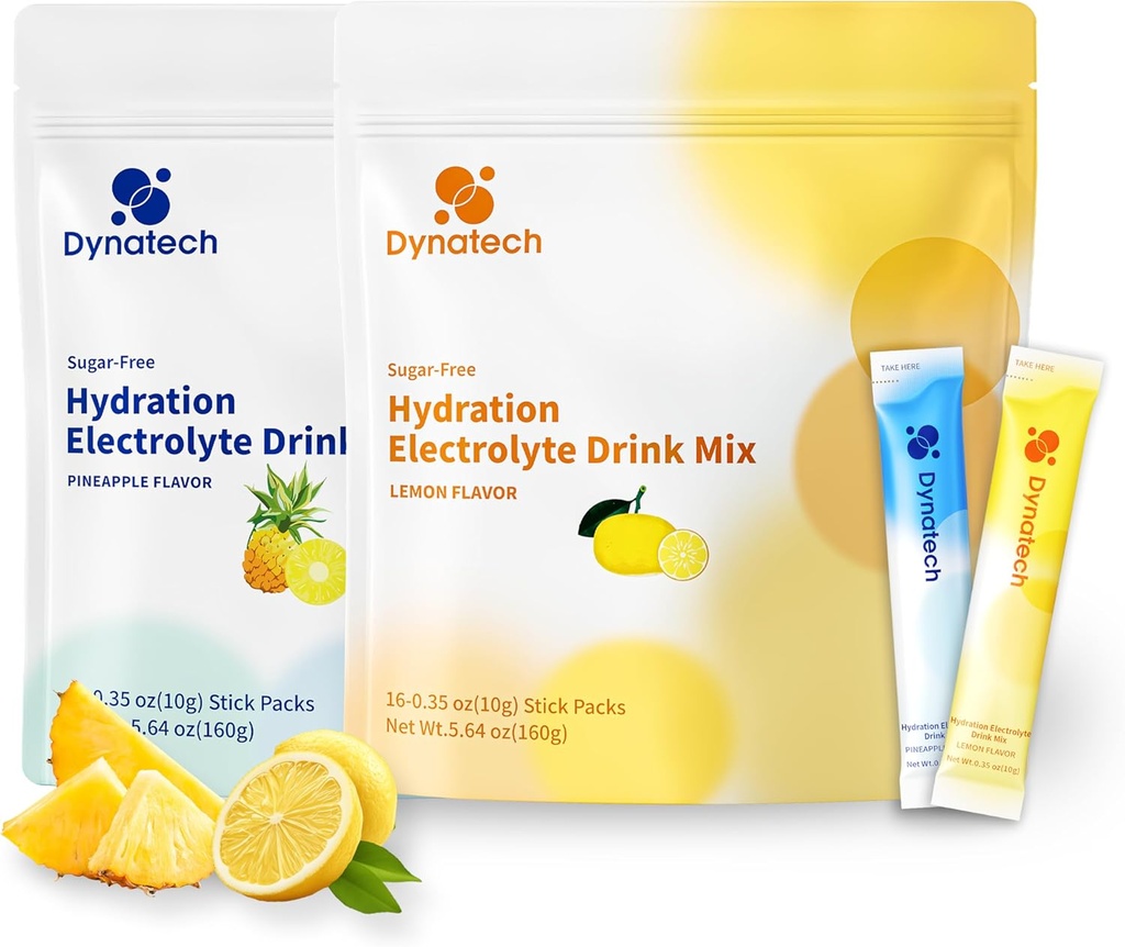 Dynatech Zero Sugar Electrolyte Drink Mix - Lemon,Pineapple - Hydration Toz Packets with 10 Electrolytes & Vitamins | Non-GMO, Gluten Free, Vegan Electrolytes Toz Paketleri | 32 Hizmet