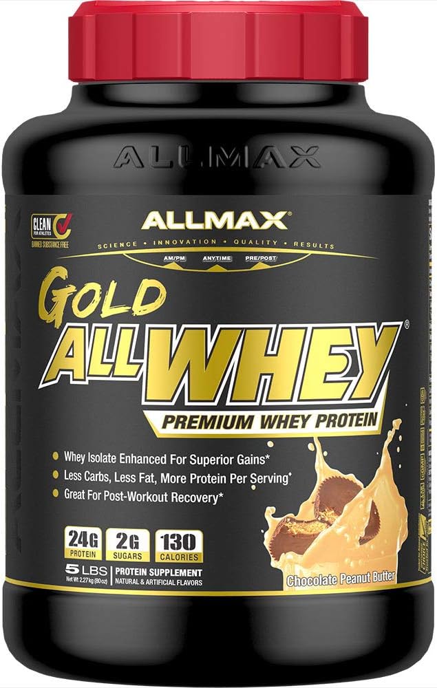 ALLMAX Gold ALLWHEY, Chocolate Peanut Butter - 5 lb - 24 Protein Per Scoop - Gluten Free, Low Carb & Low Sugar - Approx. 71 Servisler