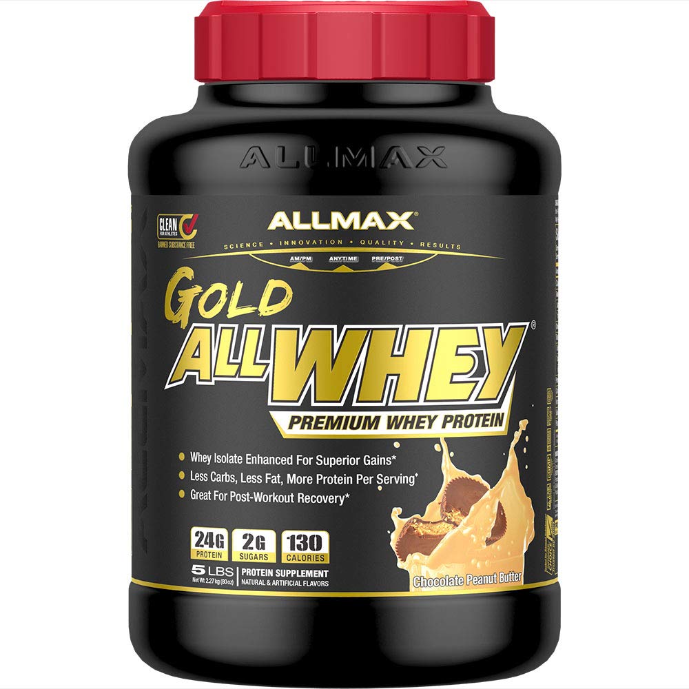 ALLMAX Gold ALLWHEY, Chocolate Peanut Butter - 5 lb - 24 Protein Per Scoop - Gluten Free, Low Carb & Low Sugar - Approx. 71 Servisler