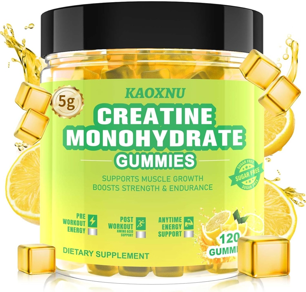 Erkekler ve Kadınlar için 5600 mg, Kas Desteği için 120 CT Chewable Kreatine Gummies 5600 mg - Sugar Free, Vegan (Lemon Flavor)