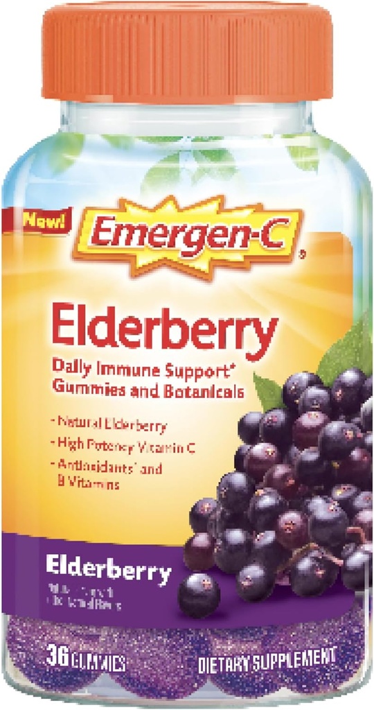 Emergen-C Elder Gummies, Elderberry Immune Support Natural Flavors with High Potency C, Back to School Essentials - 36 Kont