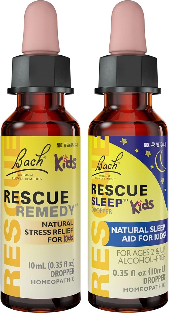 Çocuk Günü & Night Sche, Bach RESCUE Remedy Kids Dropper [ve] RESCUE Sleep Kids Dropper- 2Pk, Stres Yardımı ve Doğal Çiçek Essences, Homeopathic, Non-Alcohol Formula, 10mL Ea