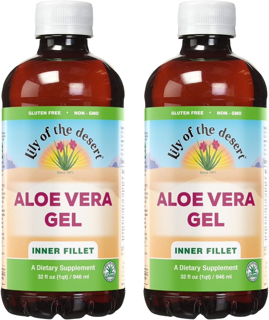 Lily Of The Desert Aloe Vera Gel - Inner Fillet Thicker Consistency Aloe Vera Drink with Natural Vitamins, Digestive Enzymes for Gut Health, Stomach Relief, Wellness, Glowing Skin, 32 Oz (Pack of 2)