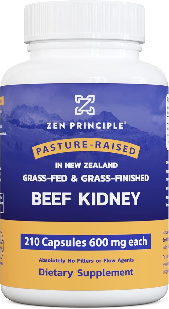Αρχή Zen Grass Fed Beef Kidney συμπλήρωμα, 210 κάψουλες, 3000 mg. DAO Ένζυμο για την υγεία της ισταμίνης. Σελήνιο και Β12 για Θυρεοειδή Υποστήριξη.