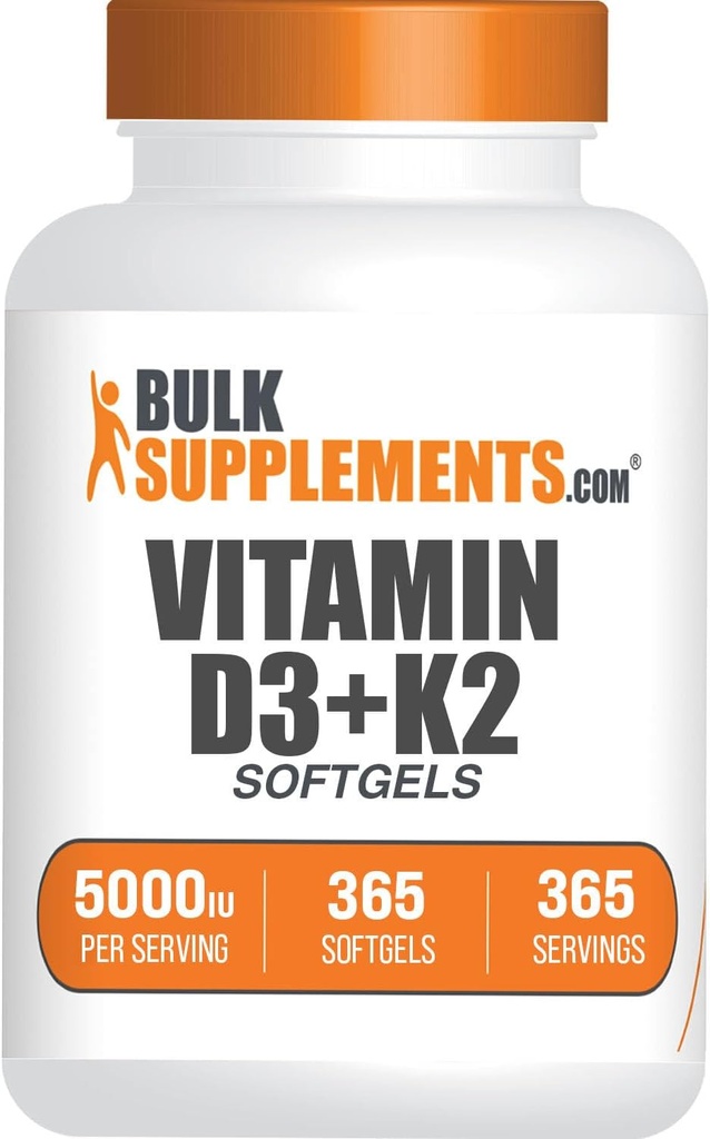 BulkSupplements.com Vitamin D3 + K2 5000 IU Softgels - D3 K2 Supplement, Immune Health - Gluten Free, 1 Softgel per Service, 365 Count (Pack of 1)