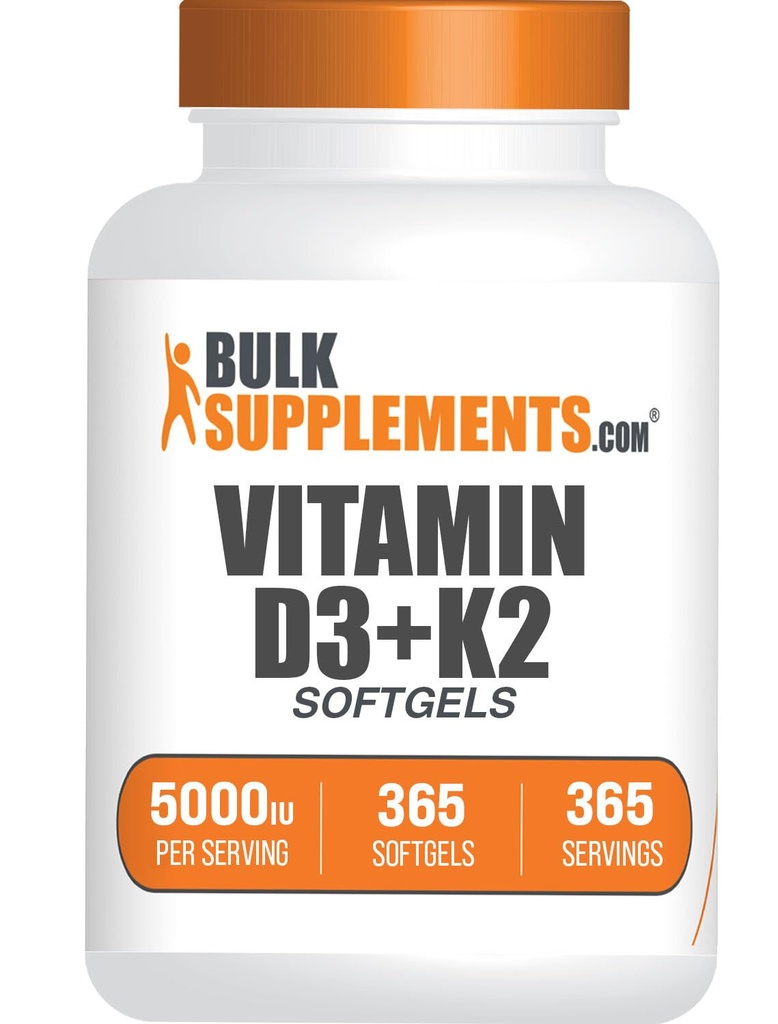 BulkSupplements.com Vitamin D3 + K2 5000 IU Softgels - D3 K2 Supplement, Immune Health - Gluten Free, 1 Softgel per Service, 365 Count (Pack of 1)