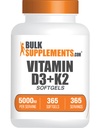 BulkSupplements.com Vitamin D3 + K2 5000 IU Softgels - D3 K2 Supplement, Immune Health - Gluten Free, 1 Softgel per Service, 365 Count (Pack of 1)