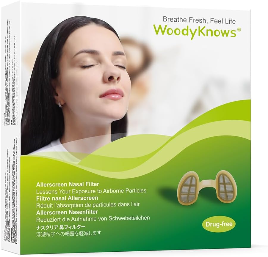 WoodyKnows 3 Allerscreen Nasal Filters with 12 Pairs of Replacement Filters, Model 2024, Εποχική και σκόνη Αλλεργίες βοήθειας (Large, 3 Filters+12 Αντικατάσταση)