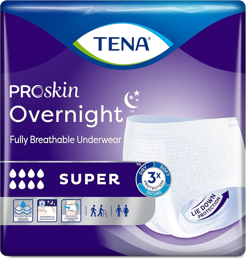 TENA ProSkin OvernightTM Super Protector Incontinence Underwear, Heavy Absorbency, Unisex, Medium, (56 Total - 4 Packs)