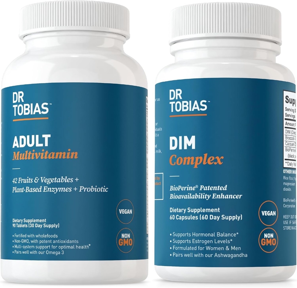 Dr. Tobias Yetişkin Multivitamin & DIM Kompleksi, Enerjiyi Destekler, Erkekler ve Kadınlar için 42 Meyve ve Sebzeler, BioPerine, Broccoli Tür & Kalsiyum, Non-GMOMO
