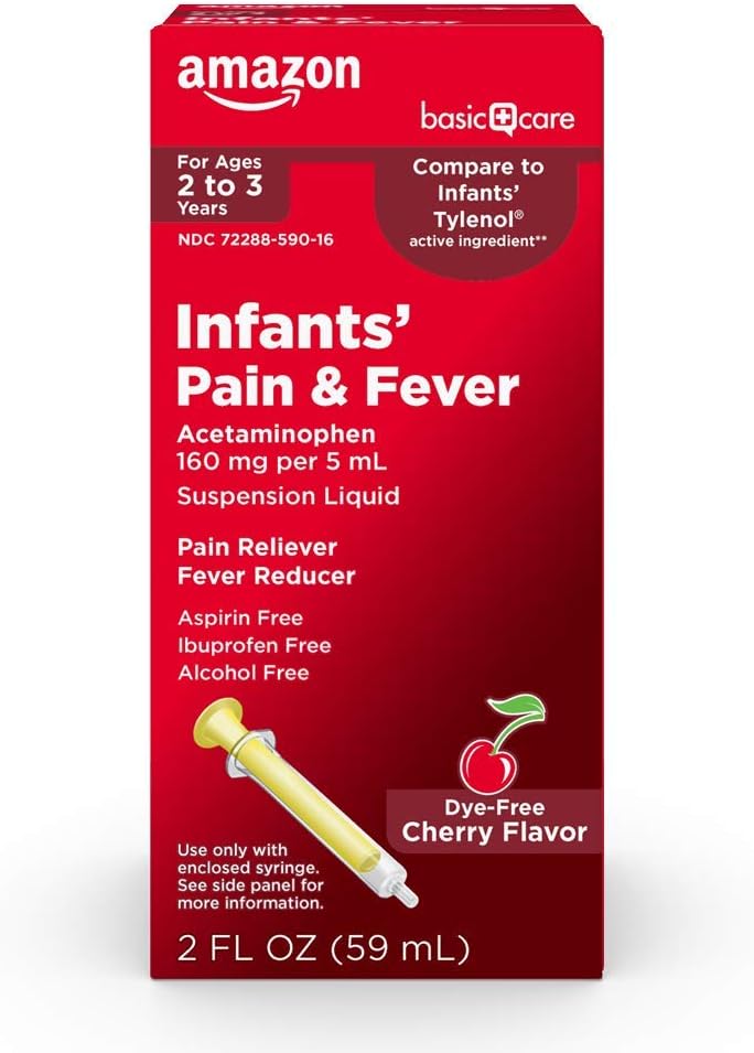   Basic Care Infants' Pain & Fever, Acetaminophen 160 mg per 5 mL, Suspension Liquid, Dye-Free Cherry Flavor, 2 fl oz (Pack of 1)