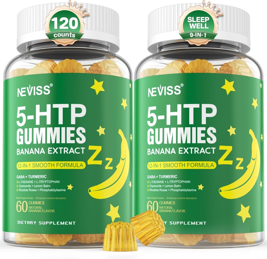 5-HTP Gummies + GABA - Melatonin Free - Relaxation Gummies with Banana Extract, L-Theanine,L-Tryptophan, D3 for Health Rest Cycle & Circadian Rhythm, Brain Function & Muscle Relax, 2