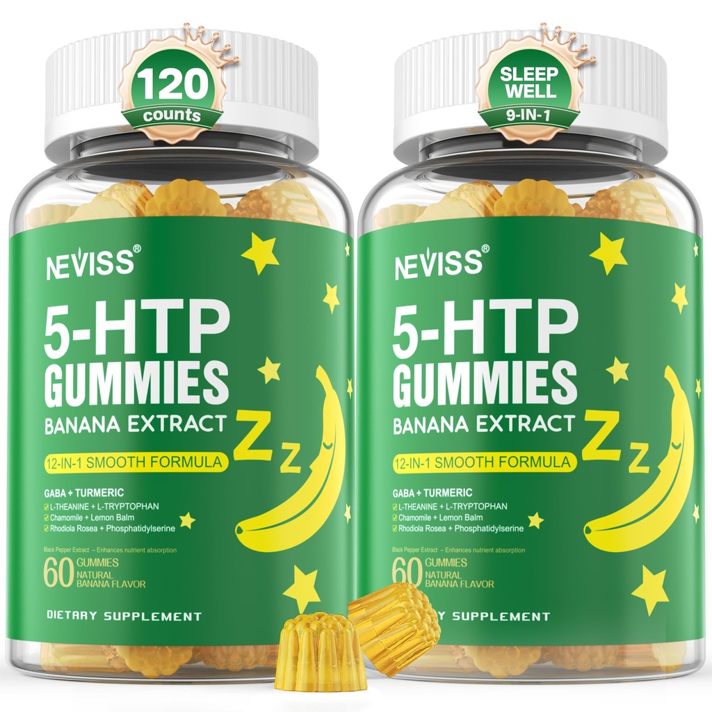 5-HTP Gummies + GABA - Melatonin Free - Relaxation Gummies with Banana Extract, L-Theanine,L-Tryptophan, D3 for Health Rest Cycle & Circadian Rhythm, Brain Function & Muscle Relax, 2