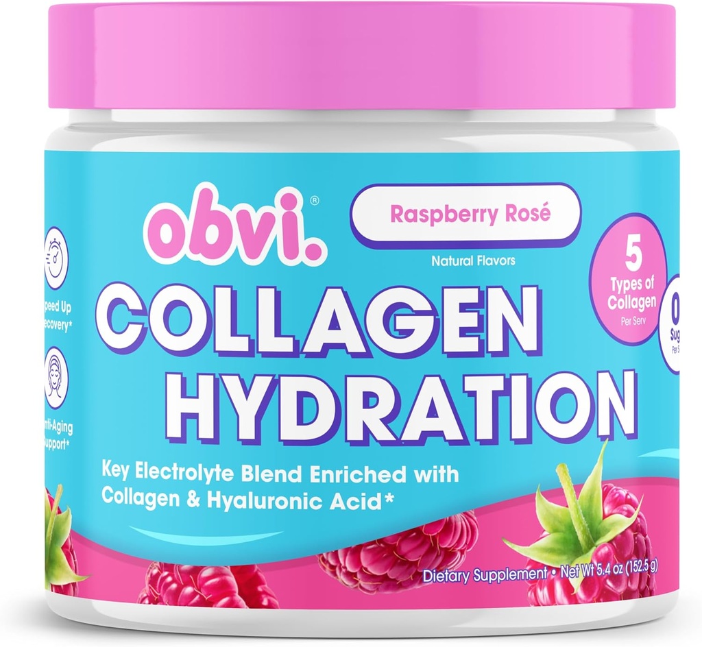 Obvi Hydration Toz | Electrolyte & Collagen Peptide Kompleksi | Hyaluronic Acid ile 5 tür Collagen | Supports Skin Elasticity & Ortak Sağlık | Sugar-Free | Raspberry Rose, 30 Hizmetler
