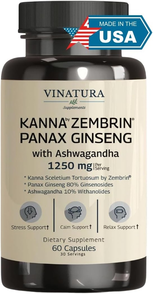 VINATURA Kanna Zembrin Sceletium Tortuosum - 50 mg Kanna/Serving, Ashwagandha, Ginseng *Brain Health, Stress Relief Support* Panaxdha Capsule% 80