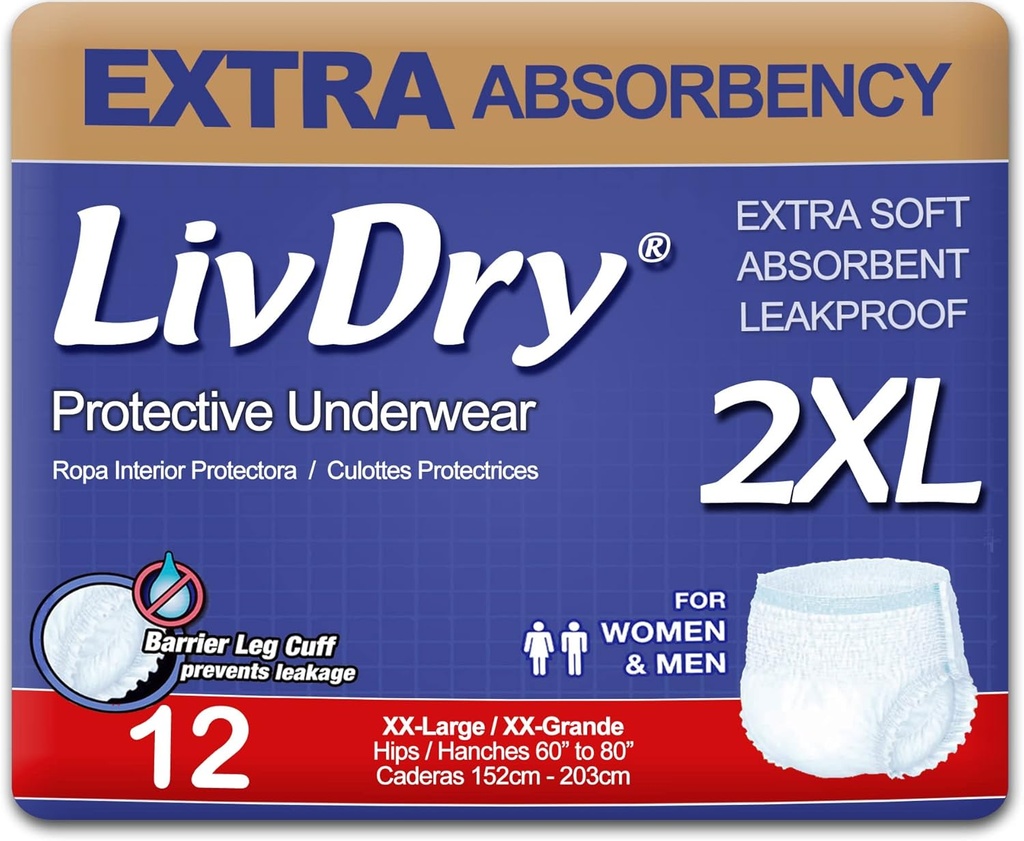 LivDry Yetişkin XXL Incontinence Underwear, Ekstra Absorbency Adult Diapers, Leak Protection, XX-Large, 12Pack