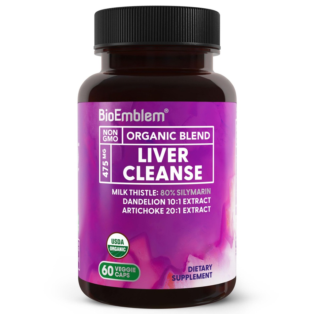 BioEmblem USDA Organic Liver Cleanse - 80% Silymarin Milk Thistle Extract για την υγεία του ήπατος και τη λειτουργία του ήπατος με εκχύλισμα Dandelion & Artichoke - 100% Vegan, μη ΓΤΟ - Φυτικό Ήπαρ - 60 κάψουλες