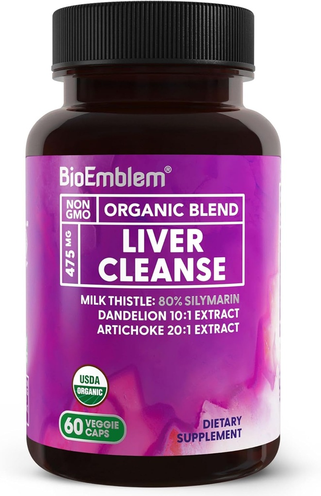 BioEmblem USDA Organik Liver Cleanse -% 80 Silymarin Milk Butle Extract for Liver Health and Liver Function with Dandelion & Artichoke Extracts - 100% Vegan, Non-GMO - Herbal Liver - 60 Capsules