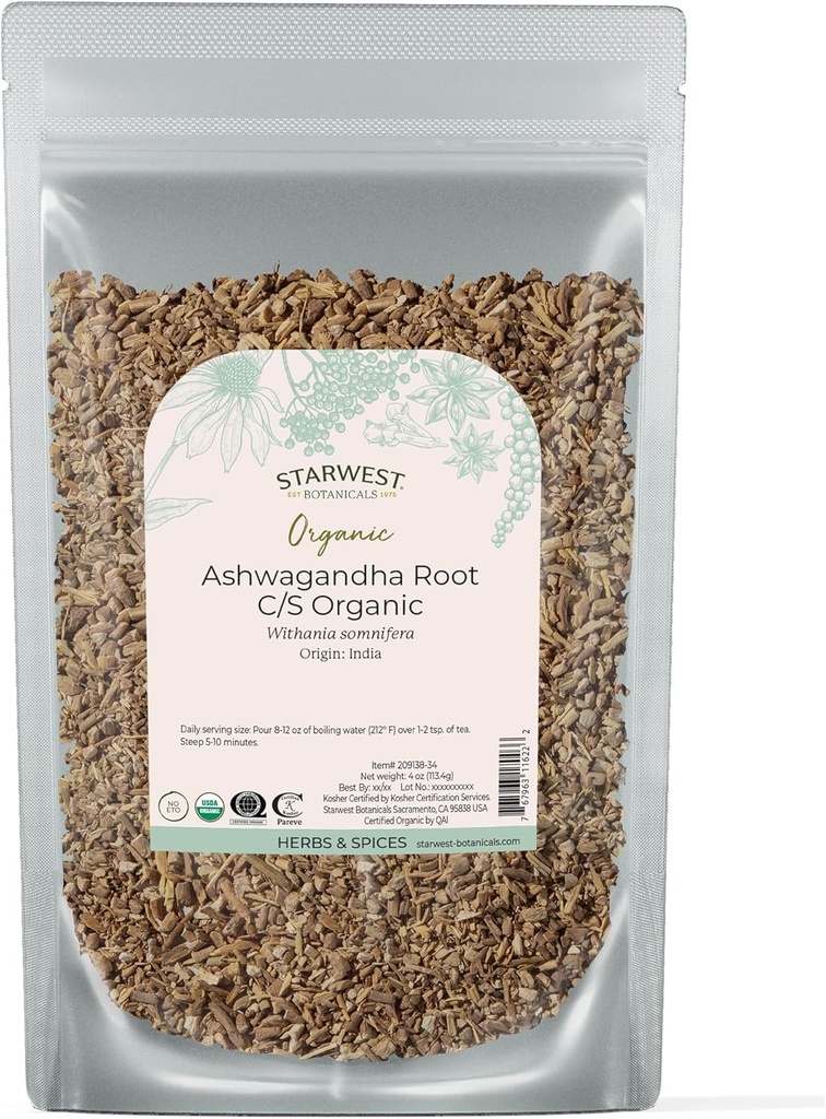 Starwest Botanicals Organic Ashwagandha Root for Women & Men - sh Herb for Tea, Capsules, & Natural Herbal Mixs, Cut & Sifted, sertifikalı Kosher, Non-GMO - 4 oz Pouch