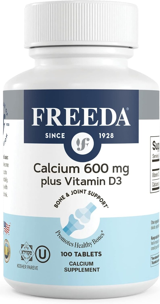 FREEDA Calcium 600 mg with Vitamin D3 400 IU – Essential Bone Support Supplement – Kosher, Gluten-Free, Easy-to-Swallow Coated Tablets for Women & Men (100 Ct)