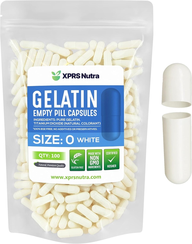 XPRS Nutra Boyutu 0 Boş Kapsüller - 100 Kont Boş Gelatin Capsules - DIY Capsule Filling - Pure Bovine Pill Gel Caps For Do-It- Yourself Supplements (Beyaz)