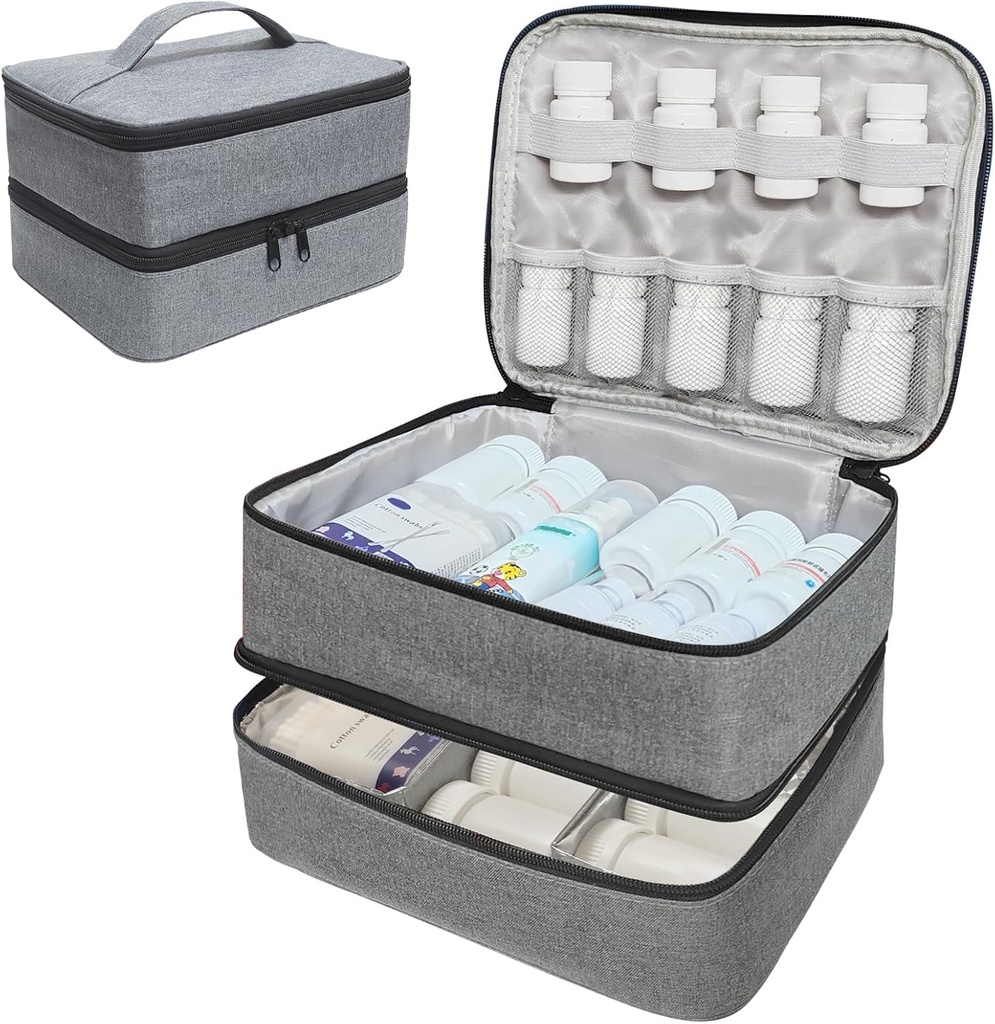 Travel Medicine Organizer ve Storage Bag - Çift Katmanlar Pill Şişe Acil İlaçlar,Supplements veya Medical Kits için Bag, Surfaceed Lockable Boş Tıp Bag for Home (Grey, M)